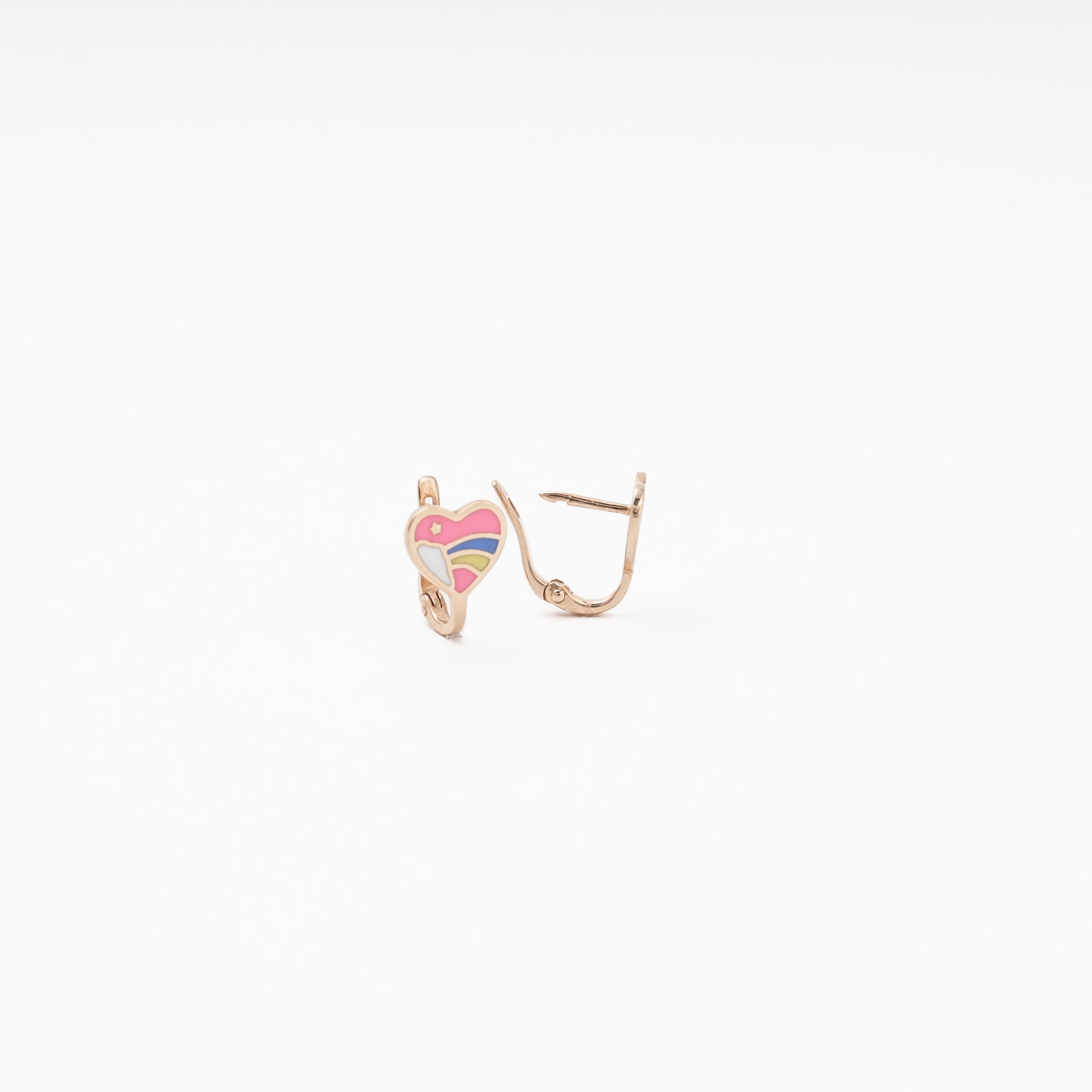 Children's rose gold heart earrings with rainbow enamel showing English lock open — Kabluchka