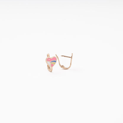 Children's rose gold heart earrings with rainbow enamel showing English lock open — Kabluchka