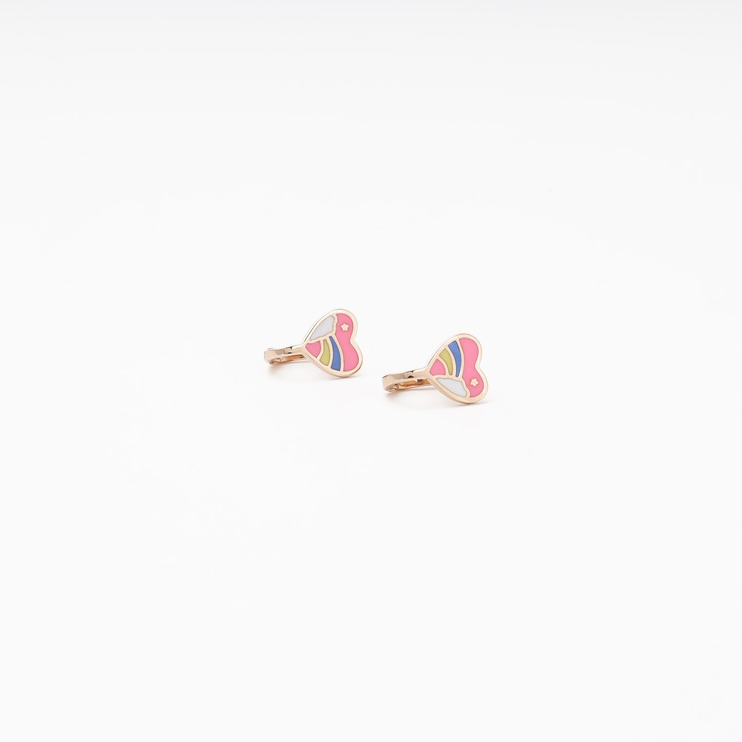 Children's rose gold heart earrings with rainbow enamel, angled top view — Kabluchka