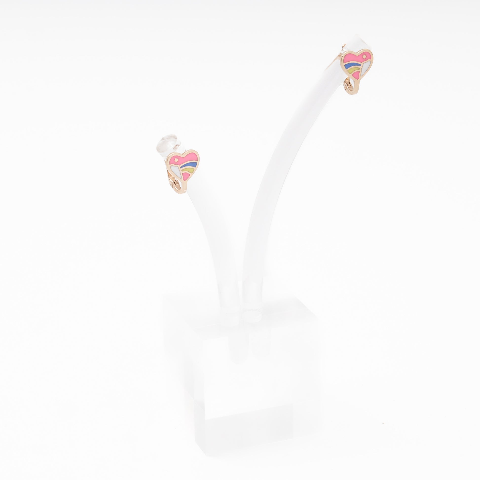 Children's rose gold heart earrings with rainbow enamel on display stand, another angle — Kabluchka
