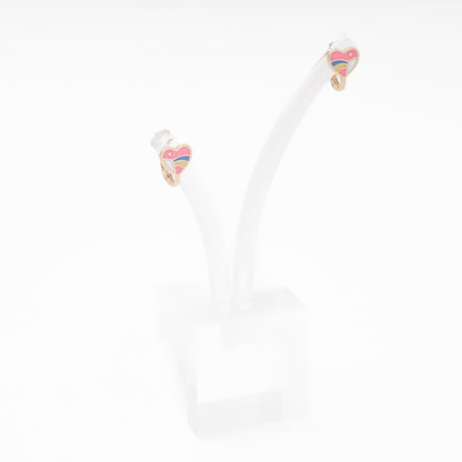 Children's rose gold heart earrings with rainbow enamel on display stand, another angle — Kabluchka