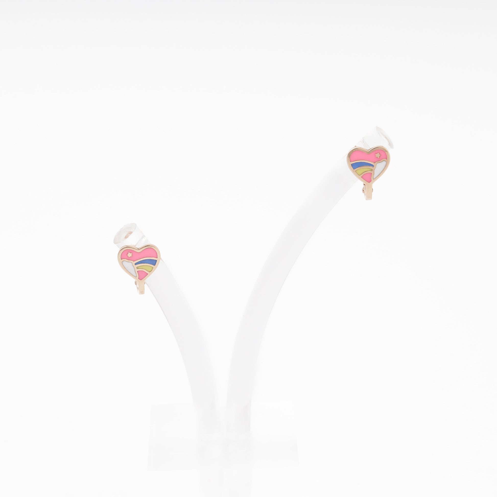 Children's heart earrings with rainbow enamel on display stand — Kabluchka