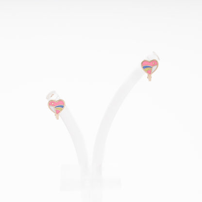 Children's heart earrings with rainbow enamel on display stand — Kabluchka