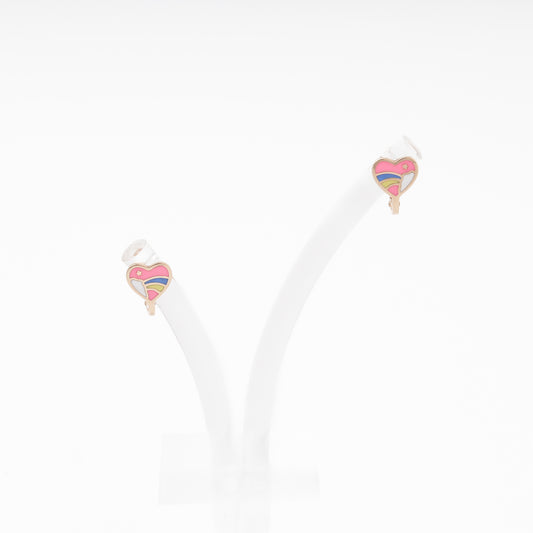 Children's heart earrings with rainbow enamel on display stand — Kabluchka