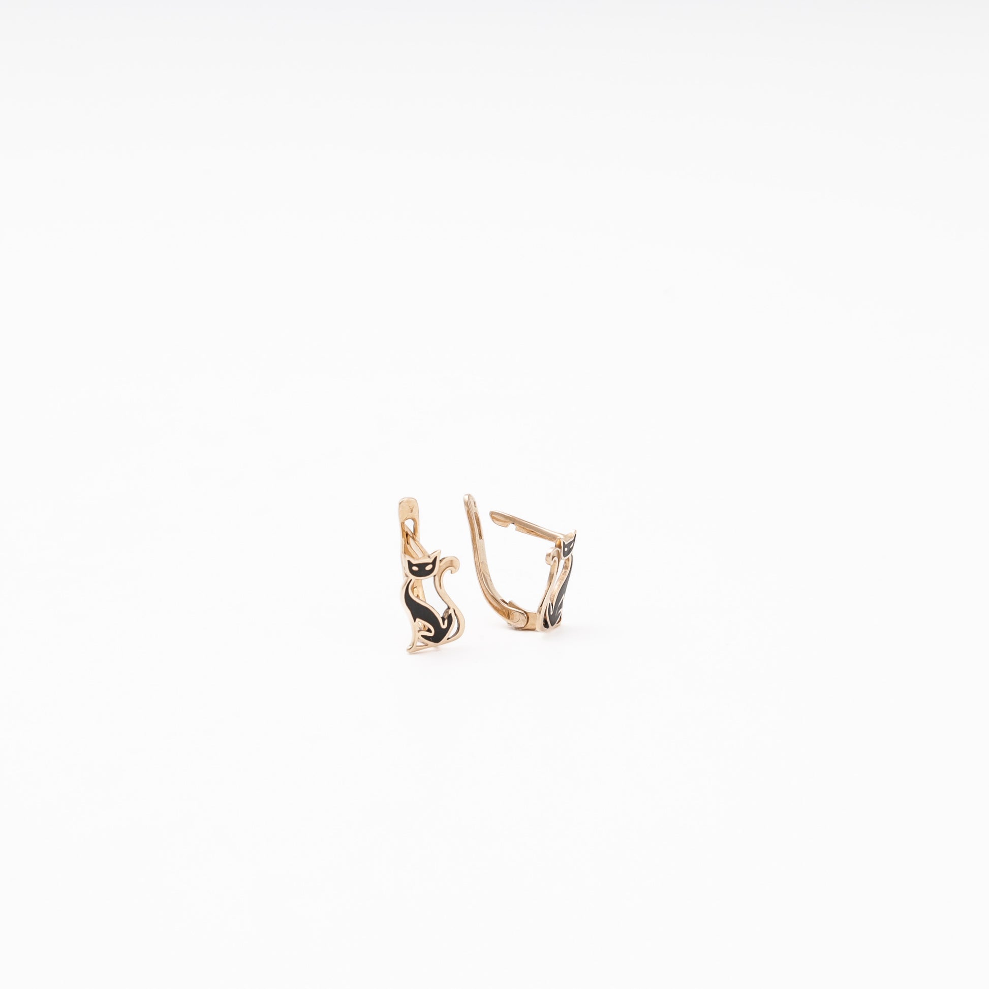 Rose Gold 585 14K Cat Earrings with Black Enamel — Kabluchka