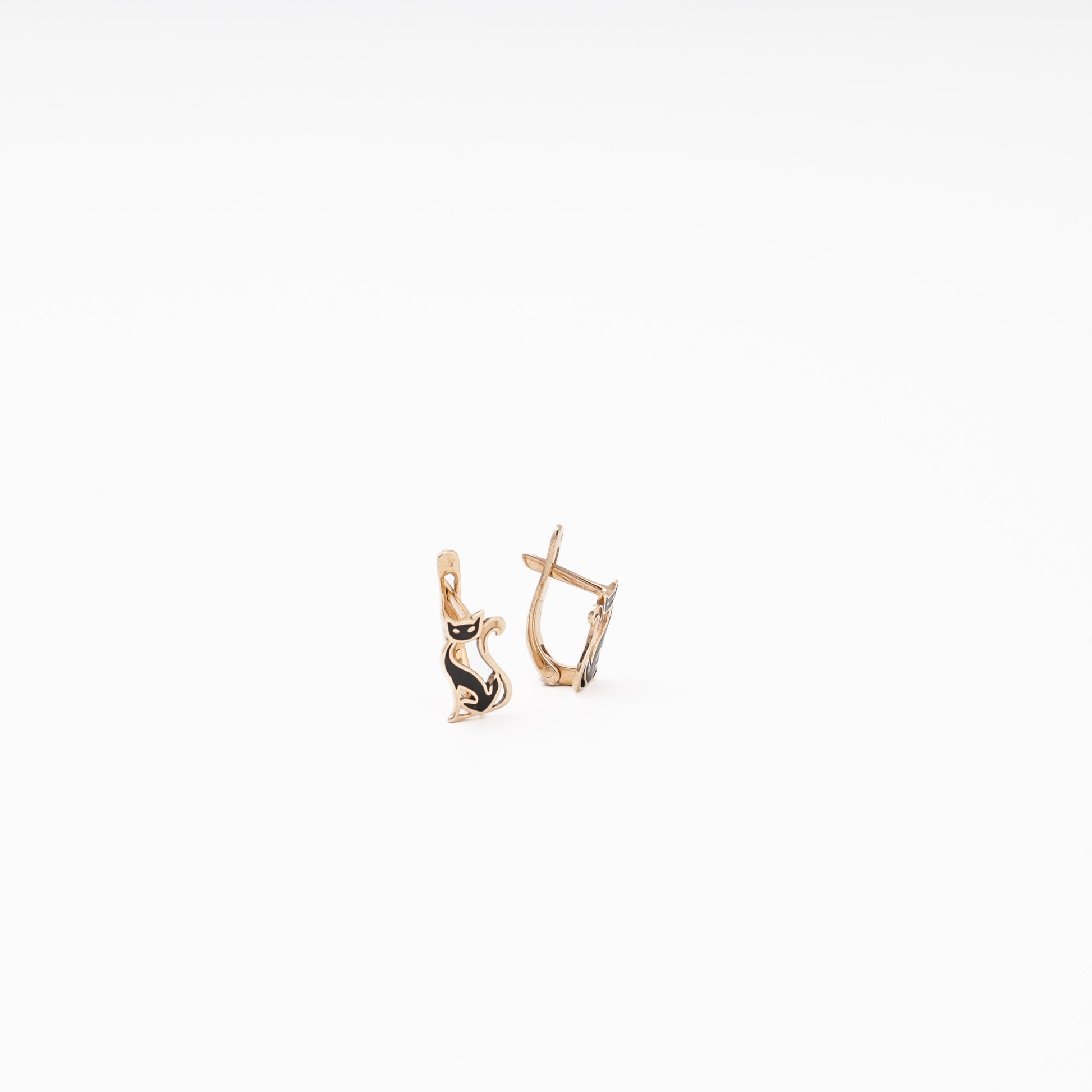Rose Gold 585 14K Cat Earrings with Black Enamel — Kabluchka