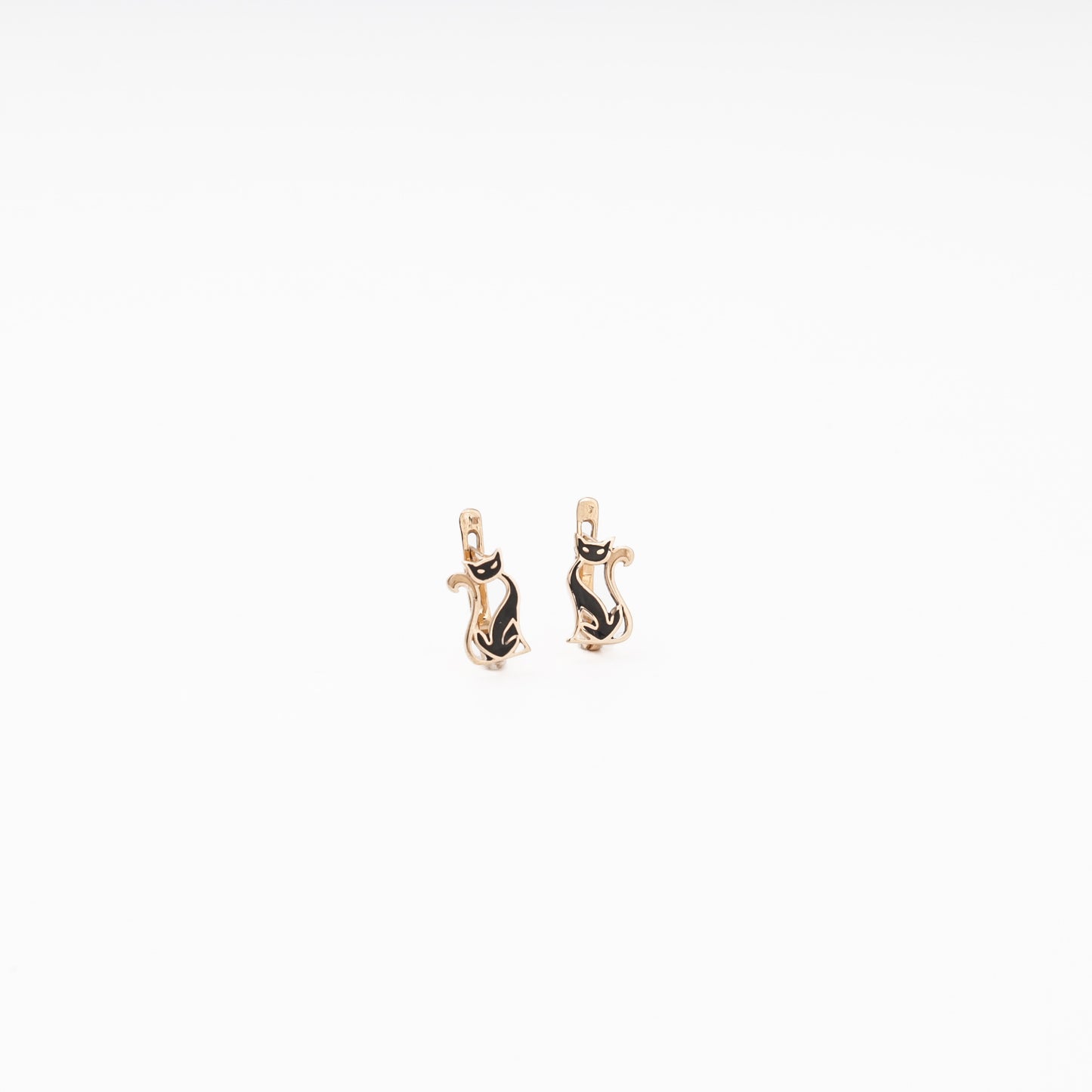 Rose Gold 585 14K Cat Earrings with Black Enamel — Kabluchka