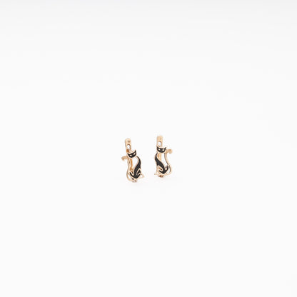 Rose Gold 585 14K Cat Earrings with Black Enamel — Kabluchka