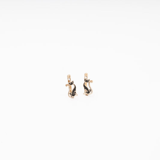 Rose Gold 585 14K Cat Earrings with Black Enamel — Kabluchka