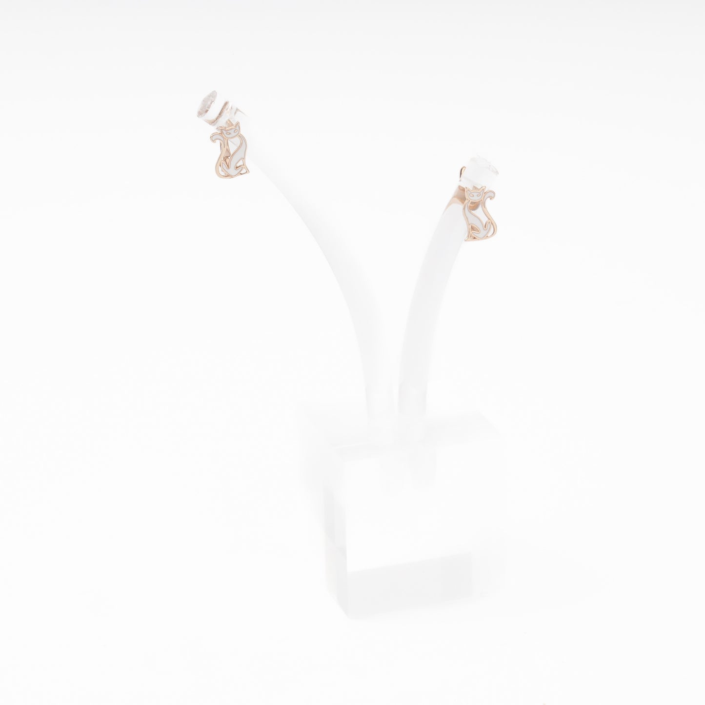 Rose Gold 585 14K Cat Earrings with White Enamel — Kabluchka