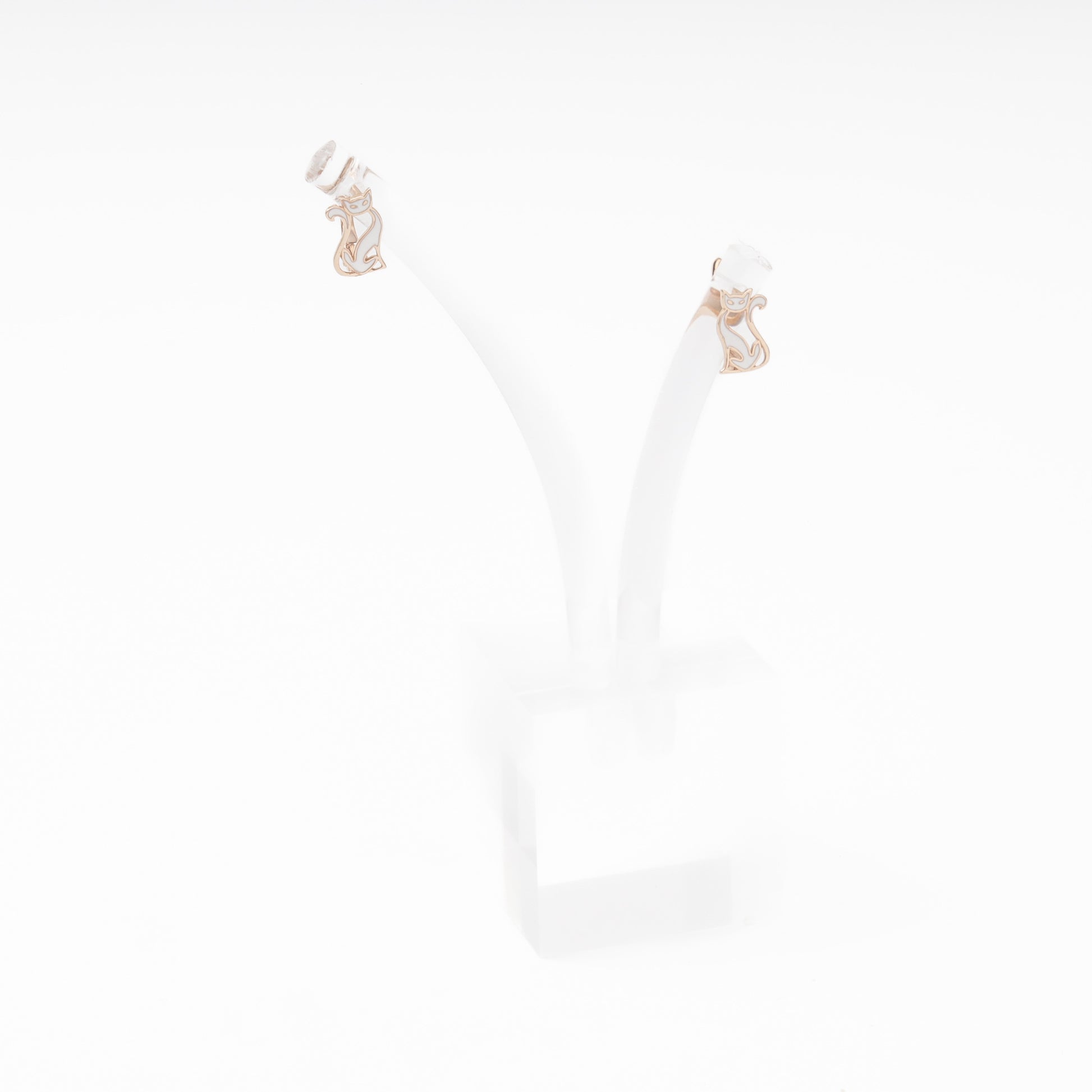 Rose Gold 585 14K Cat Earrings with White Enamel — Kabluchka
