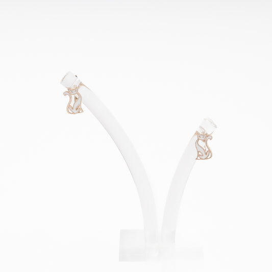 Rose Gold 585 14K Cat Earrings with White Enamel — Kabluchka