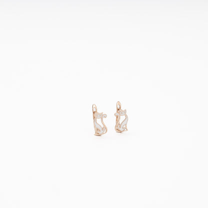 Rose Gold 585 14K Cat Earrings with White Enamel — Kabluchka