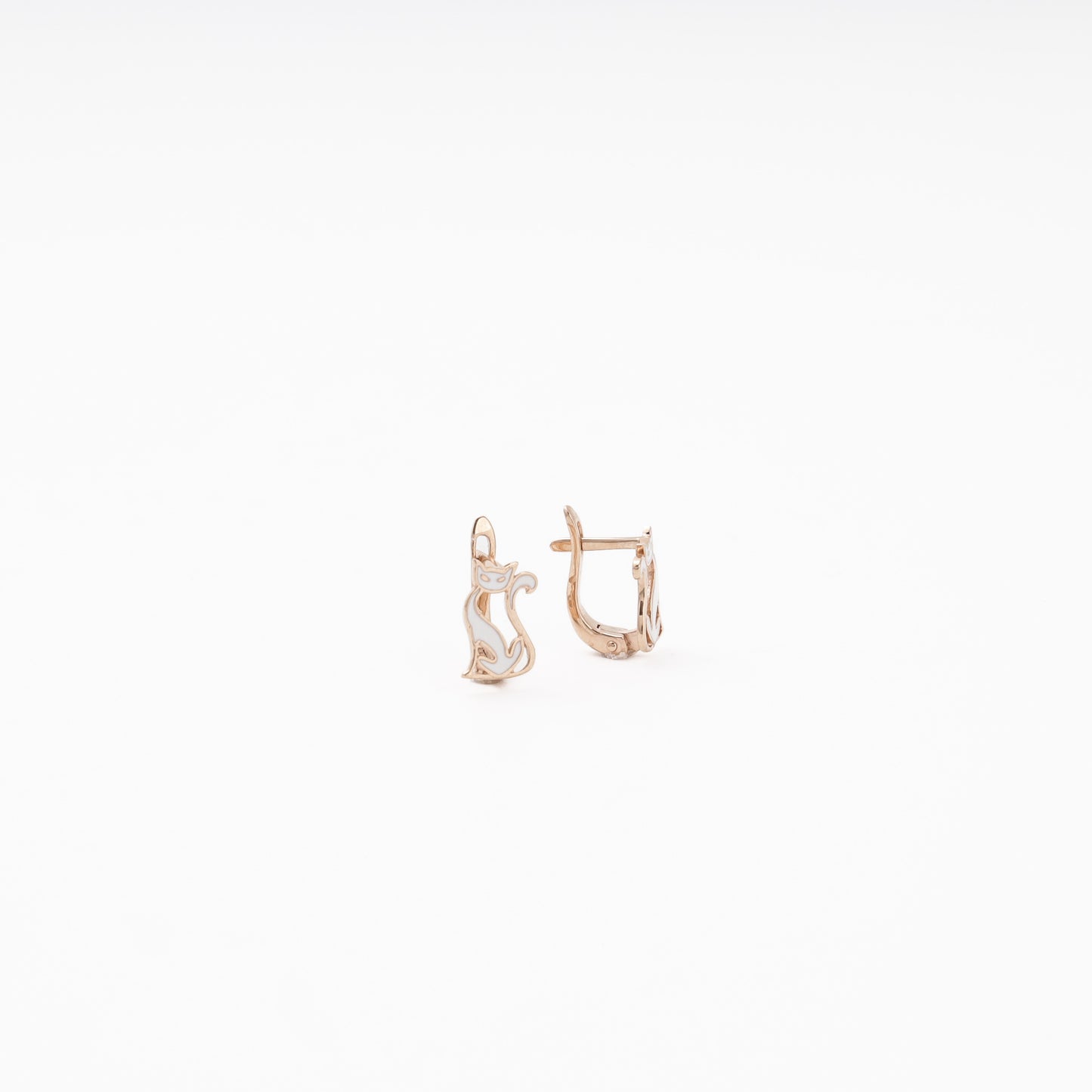 Rose Gold 585 14K Cat Earrings with White Enamel — Kabluchka