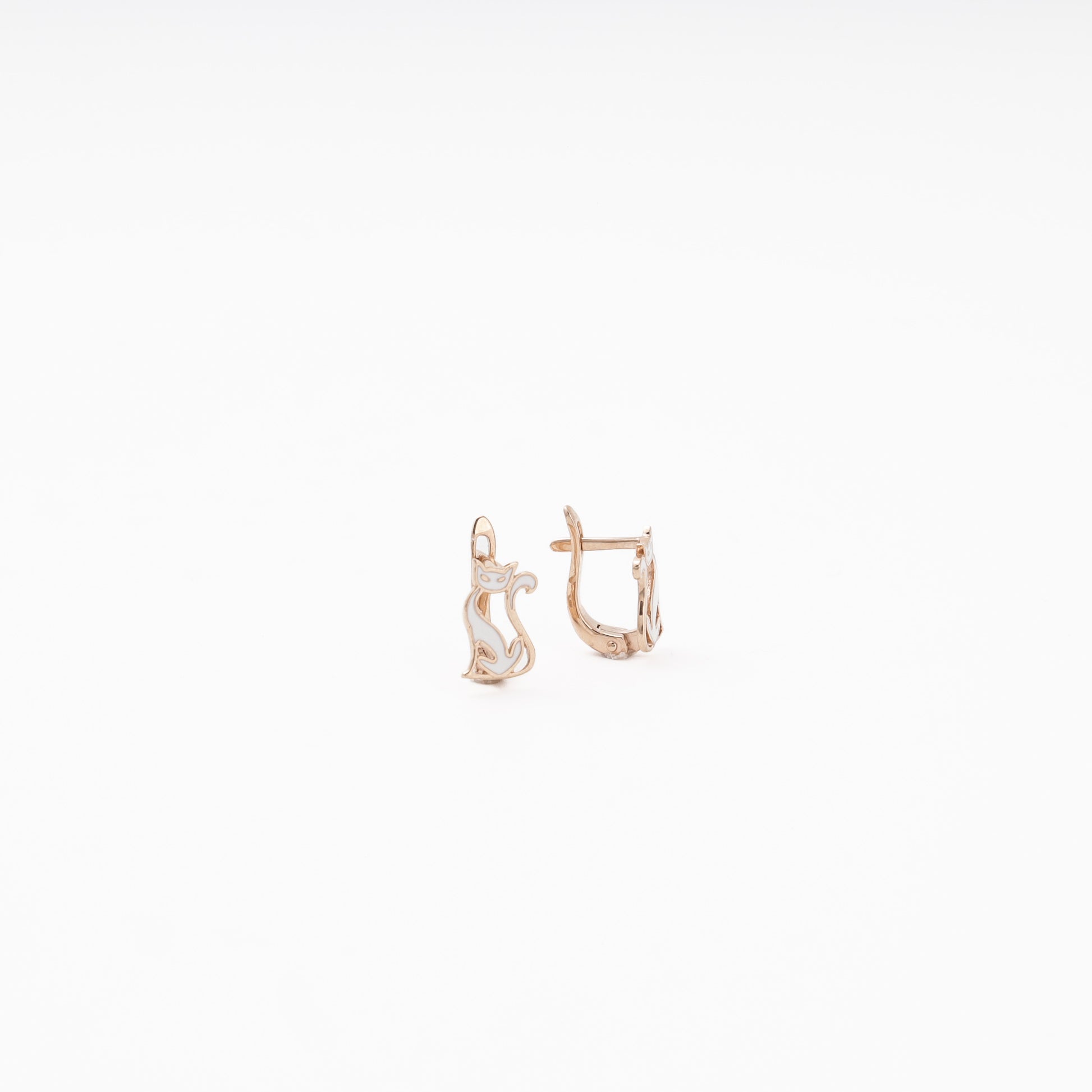 Rose Gold 585 14K Cat Earrings with White Enamel — Kabluchka
