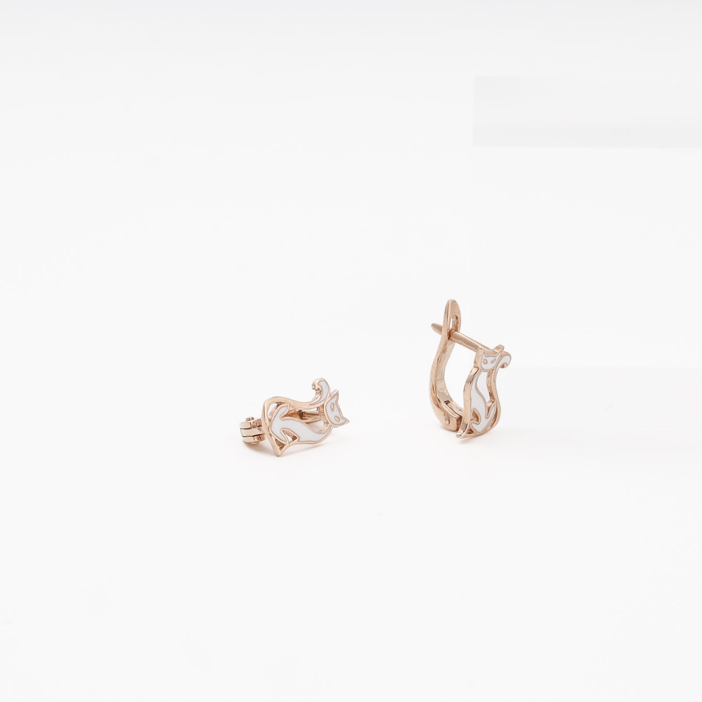 Rose Gold 585 14K Cat Earrings with White Enamel — Kabluchka