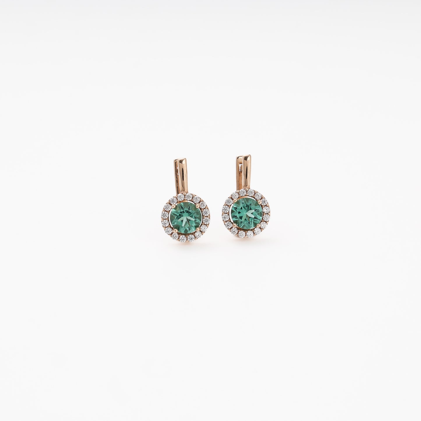 Rose gold 585 drop earrings with green quartz and cubic zirconia halo, front view — Kabluchka