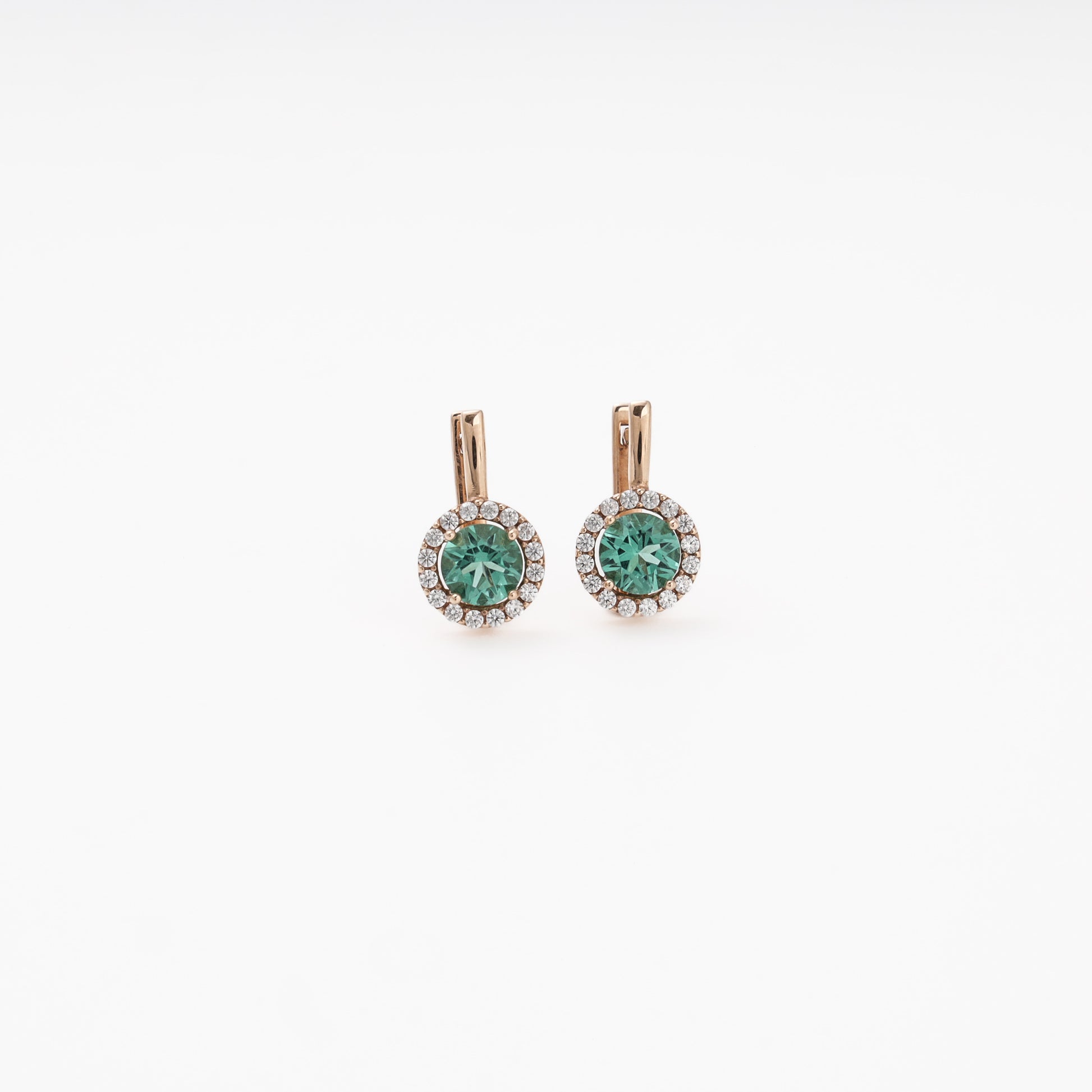 Rose gold 585 drop earrings with green quartz and cubic zirconia halo, front view — Kabluchka