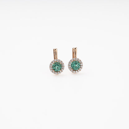 Rose gold 585 drop earrings with green quartz and cubic zirconia halo, front view — Kabluchka