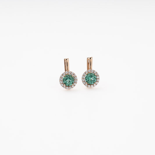 Rose gold 585 drop earrings with green quartz and cubic zirconia halo, front view — Kabluchka