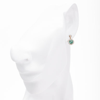 Rose gold drop earrings with green quartz halo worn on mannequin — Kabluchka