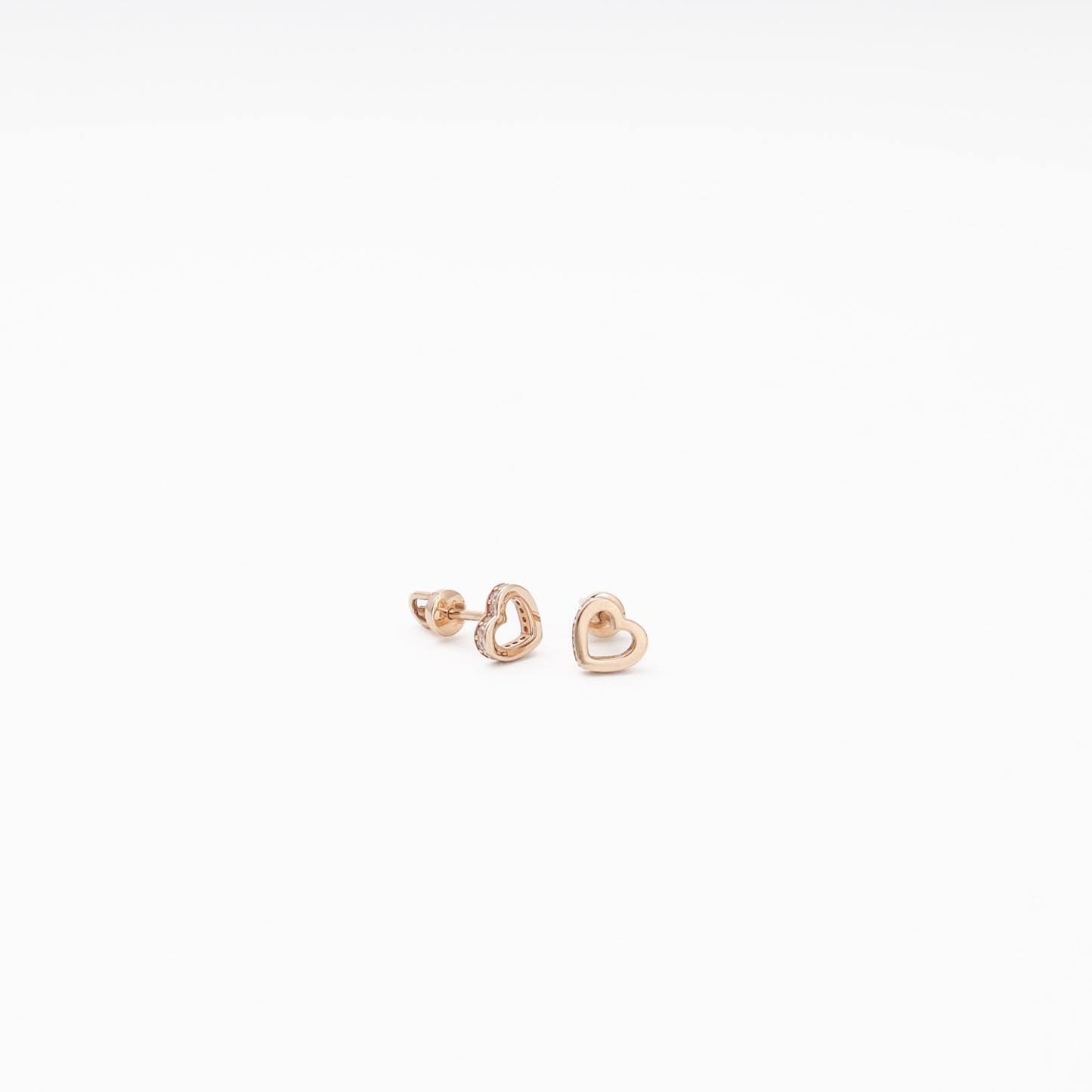 Rose Gold 585 Open Heart Stud Earrings with CZ — side view — Kabluchka