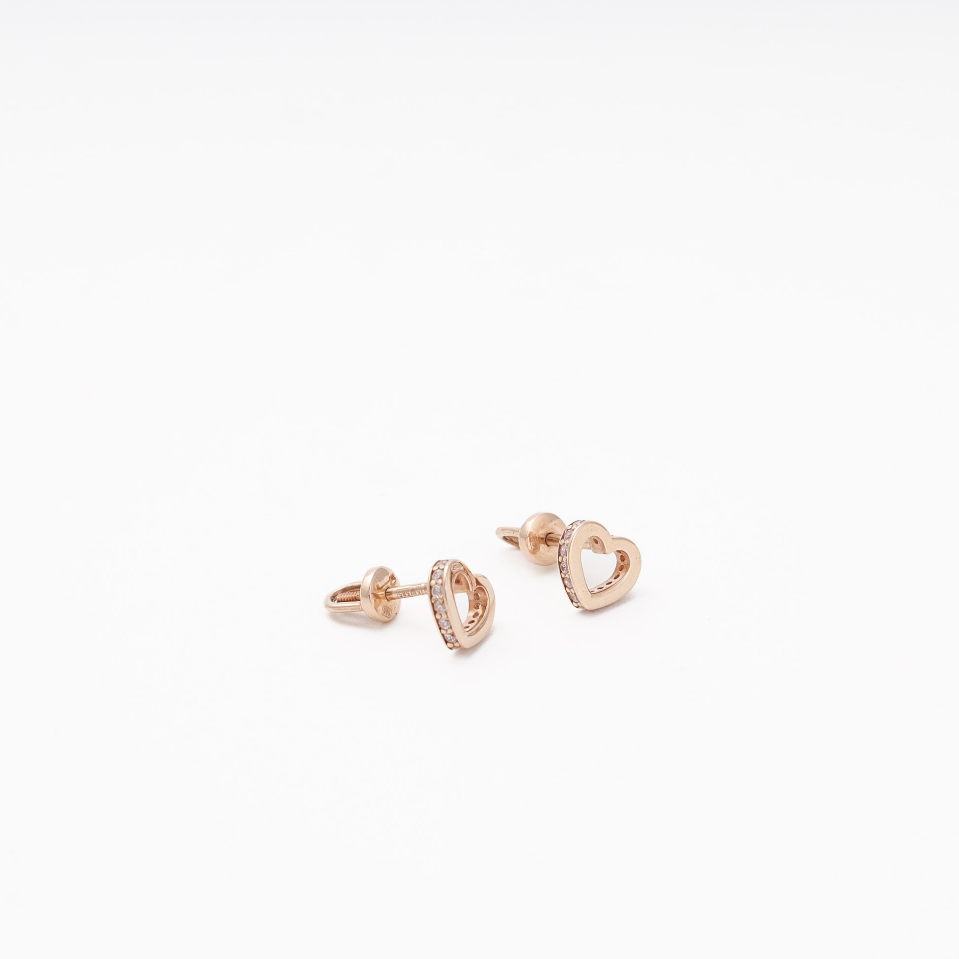 Rose Gold 585 Open Heart Stud Earrings with CZ — front view — Kabluchka