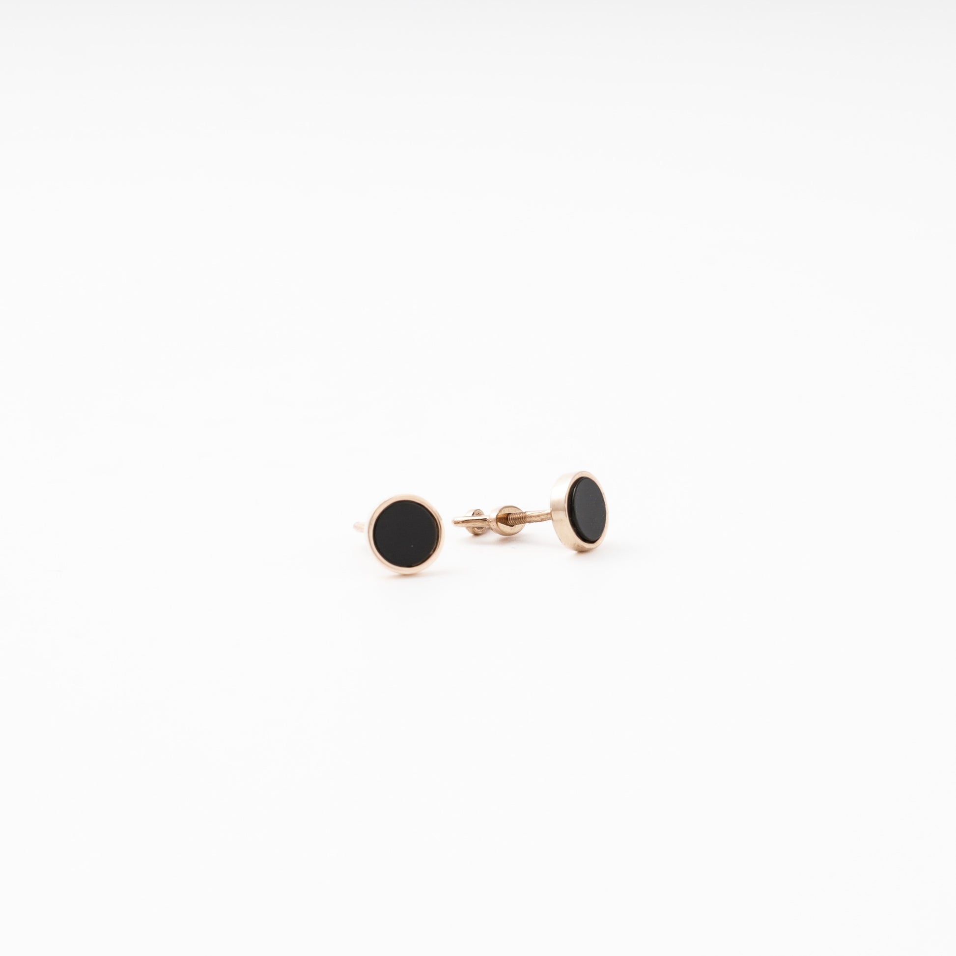 Rose Gold 585 14K Round Stud Earrings with Black Agate — Kabluchka
