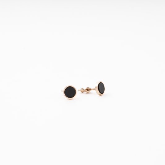 Rose Gold 585 14K Round Stud Earrings with Black Agate — Kabluchka