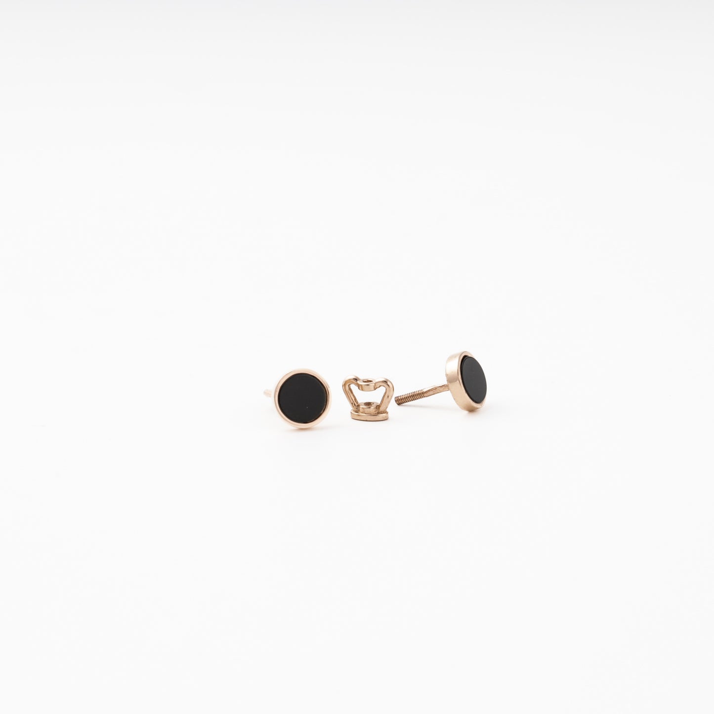 Rose Gold 585 14K Round Stud Earrings with Black Agate — Kabluchka