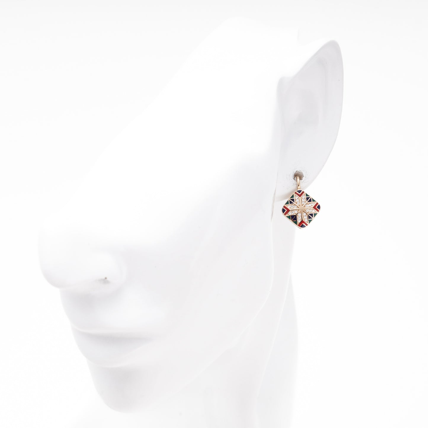 Rose Gold 585 Drop Earrings with Multicolor Enamel Star and CZ — on mannequin — Kabluchka