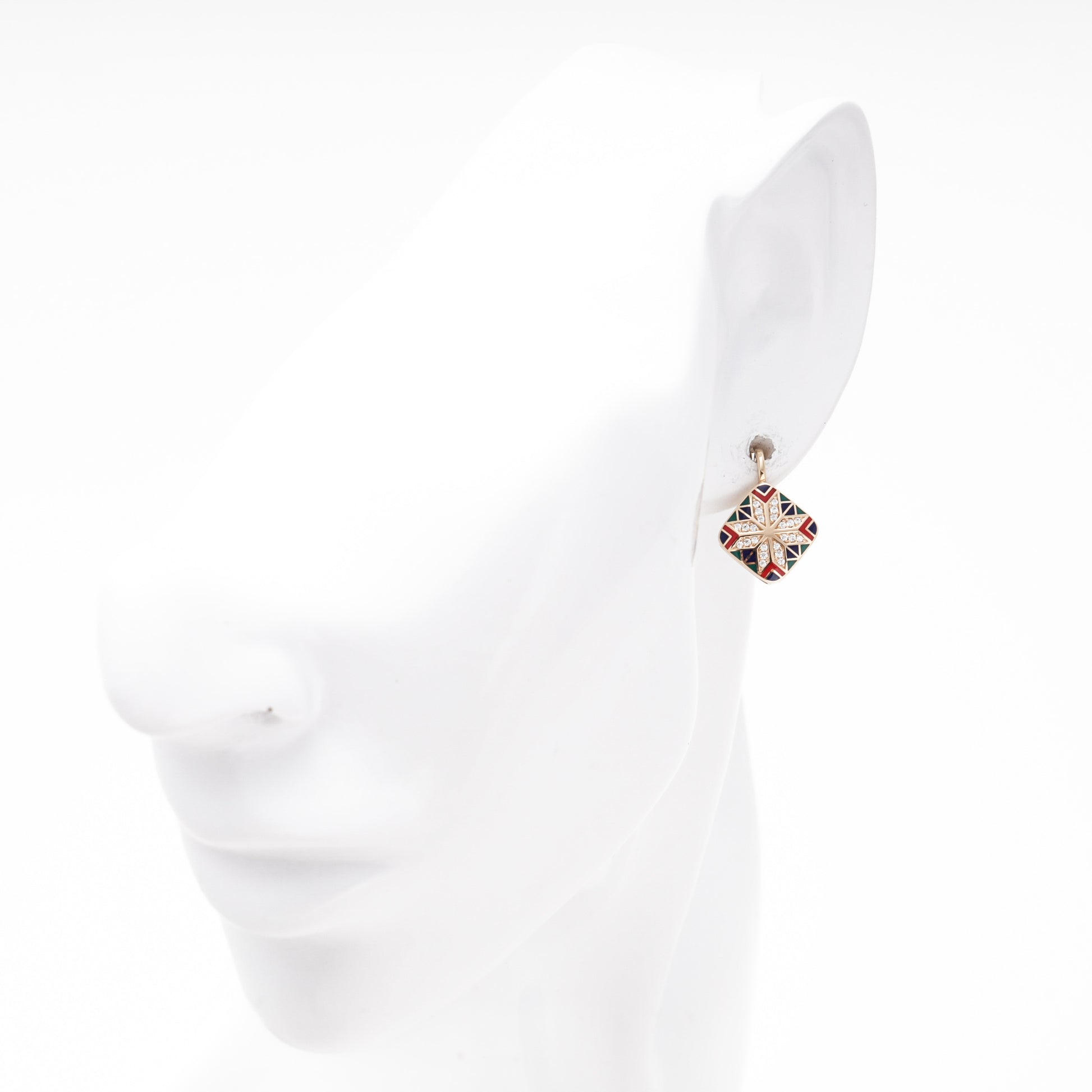 Rose Gold 585 Drop Earrings with Multicolor Enamel Star and CZ — on mannequin — Kabluchka