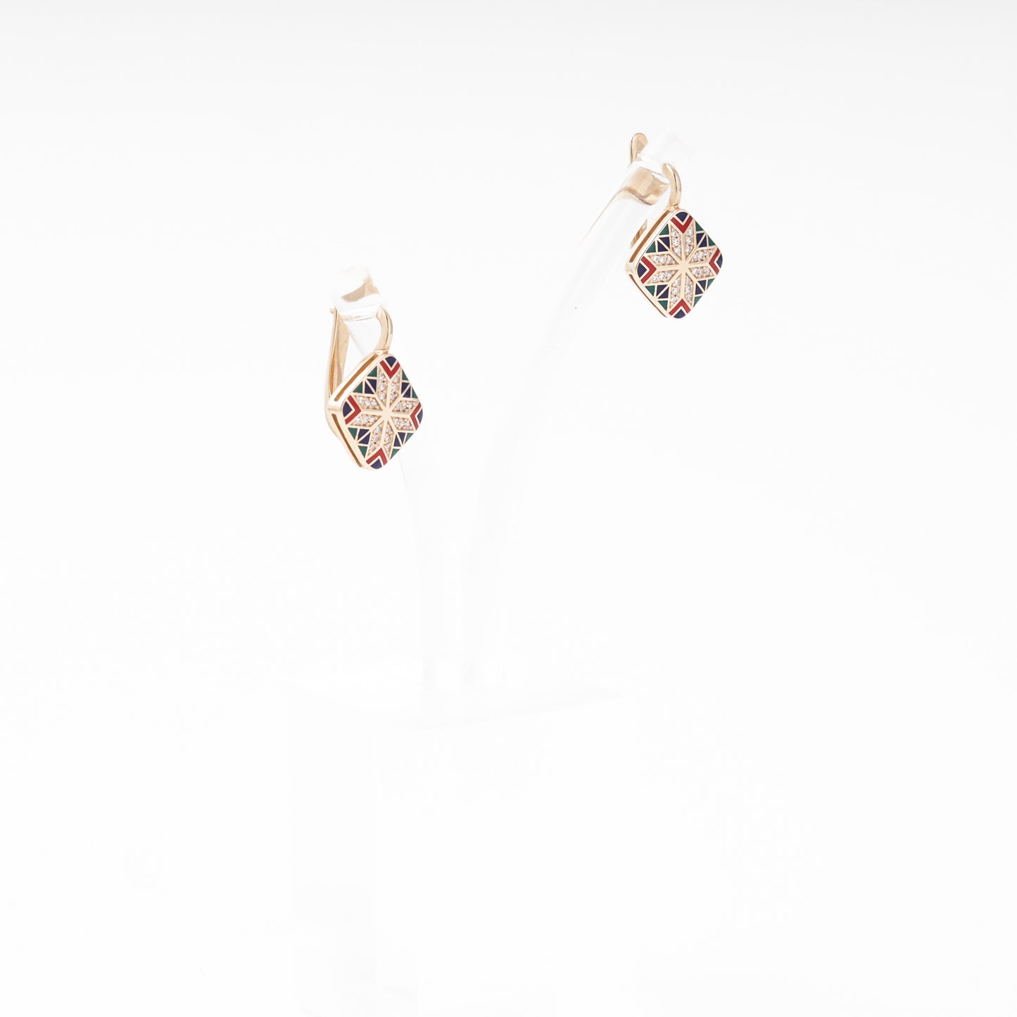 Rose Gold 585 Drop Earrings with Multicolor Enamel Star and CZ — front view — Kabluchka