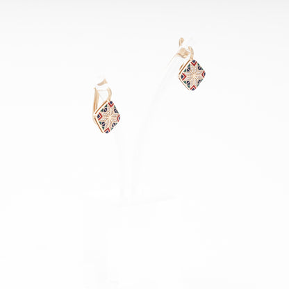 Rose Gold 585 Drop Earrings with Multicolor Enamel Star and CZ — front view — Kabluchka