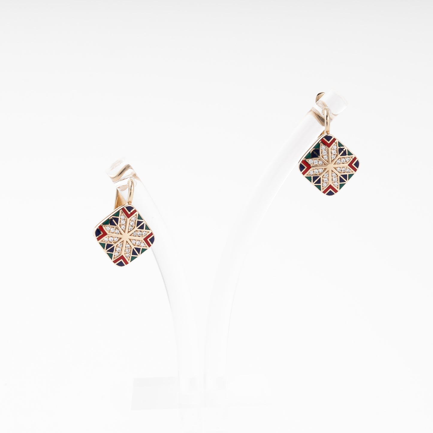 Rose Gold 585 Drop Earrings with Multicolor Enamel Star and CZ — on stand — Kabluchka