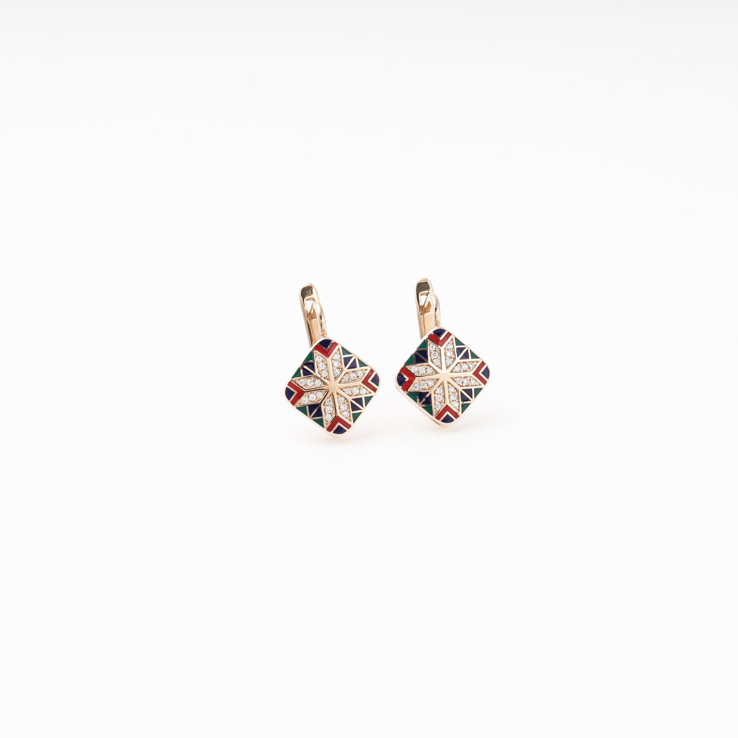 Rose Gold 585 Drop Earrings with Multicolor Enamel Star and CZ — detail — Kabluchka