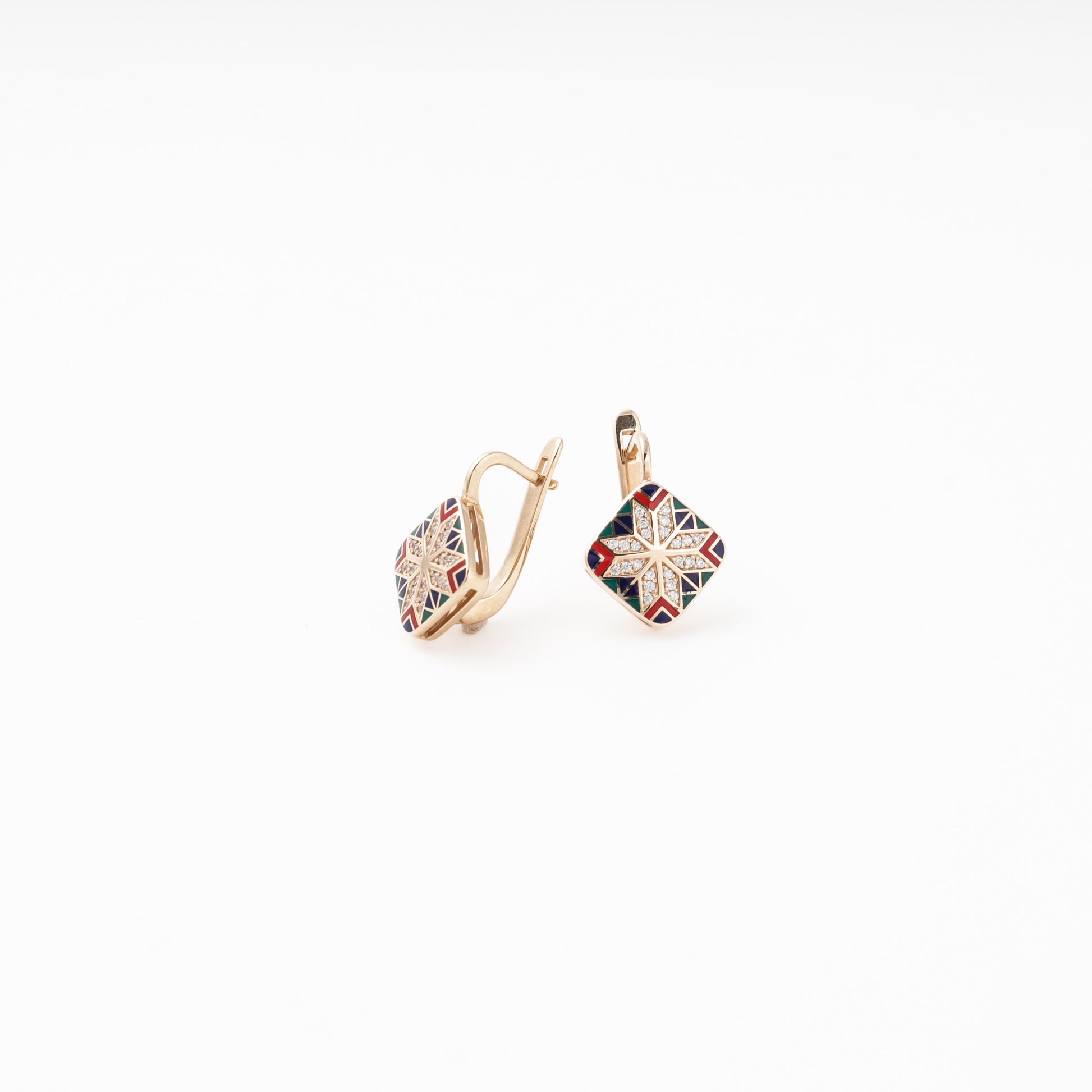 Rose Gold 585 Drop Earrings with Multicolor Enamel Star and CZ — side view — Kabluchka