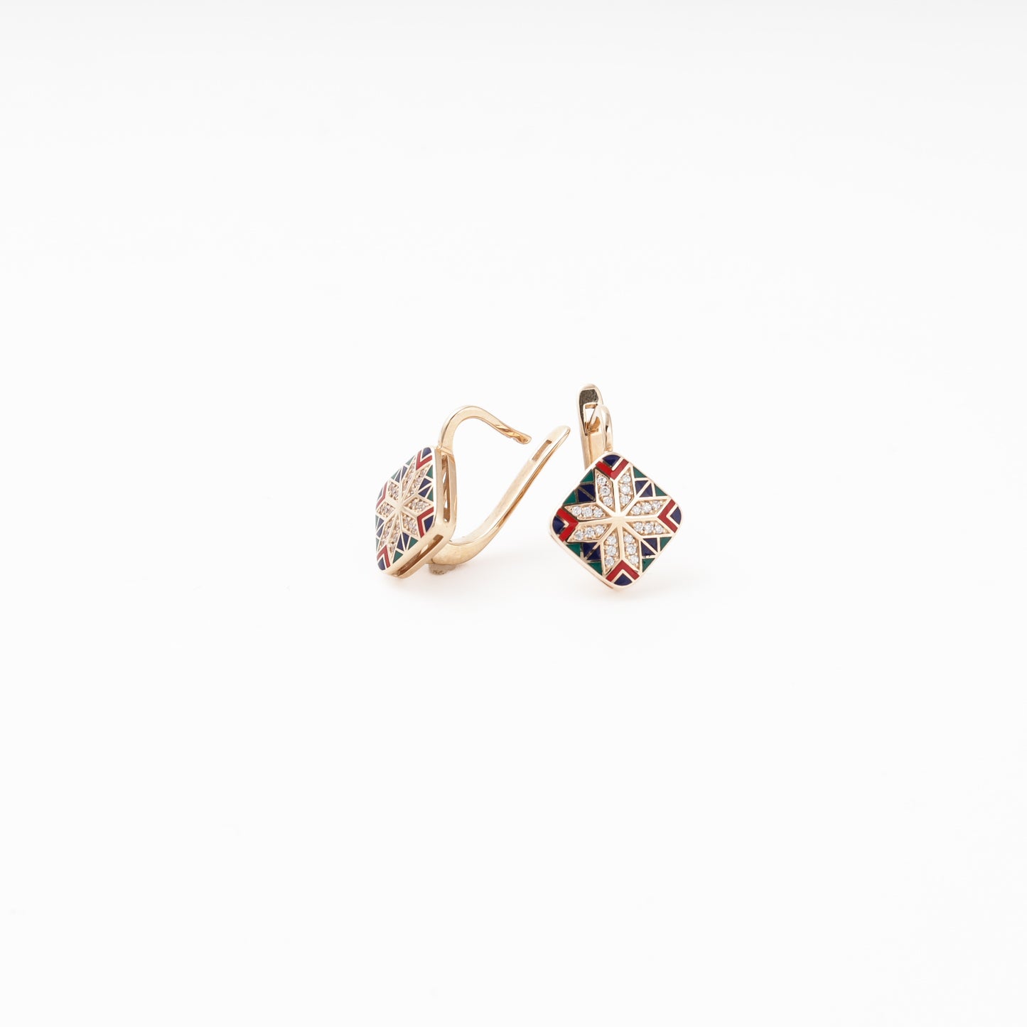 Rose Gold 585 Drop Earrings with Multicolor Enamel Star and CZ — English lock detail — Kabluchka