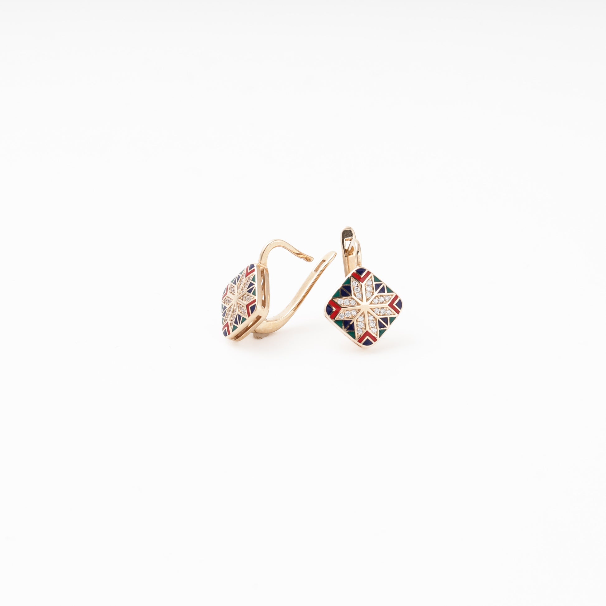 Rose Gold 585 Drop Earrings with Multicolor Enamel Star and CZ — English lock detail — Kabluchka