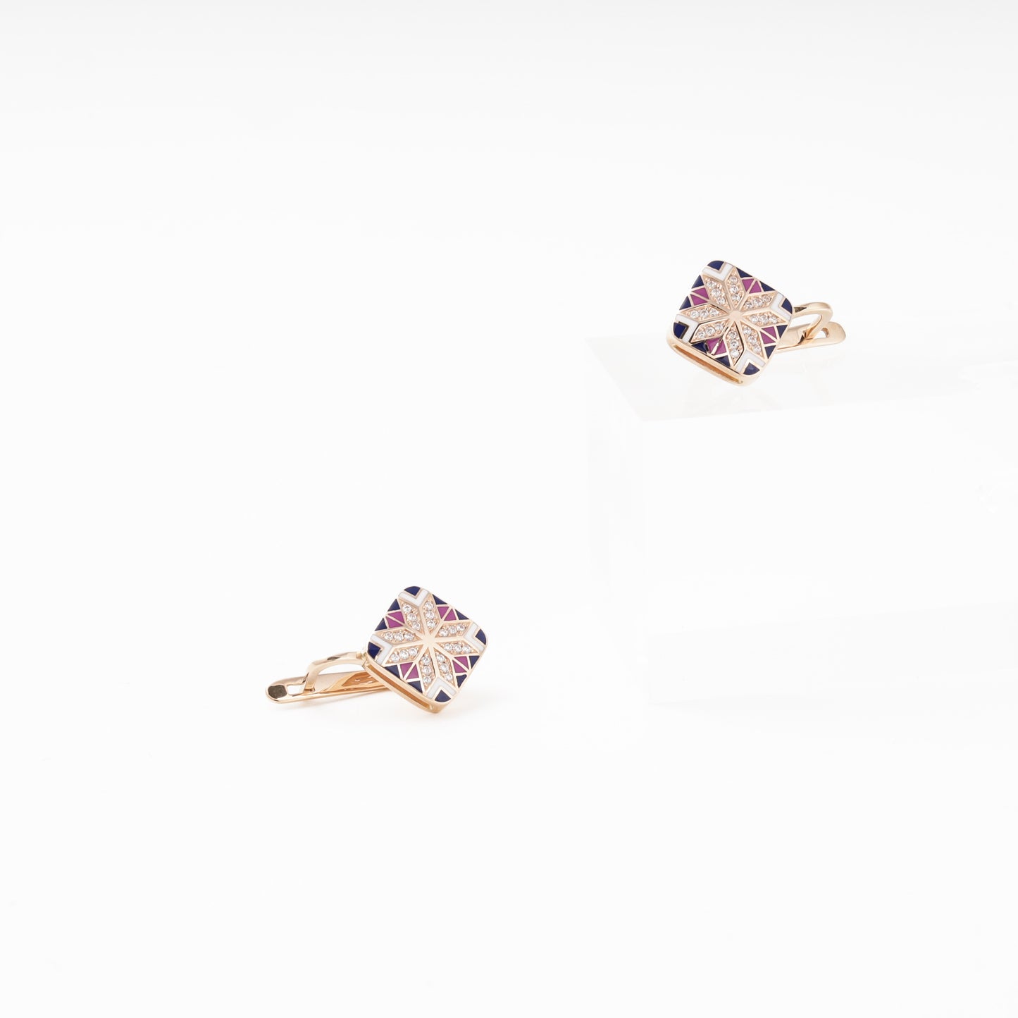 Rose Gold 585 Drop Earrings with Enamel Mosaic and CZ — detail — Kabluchka