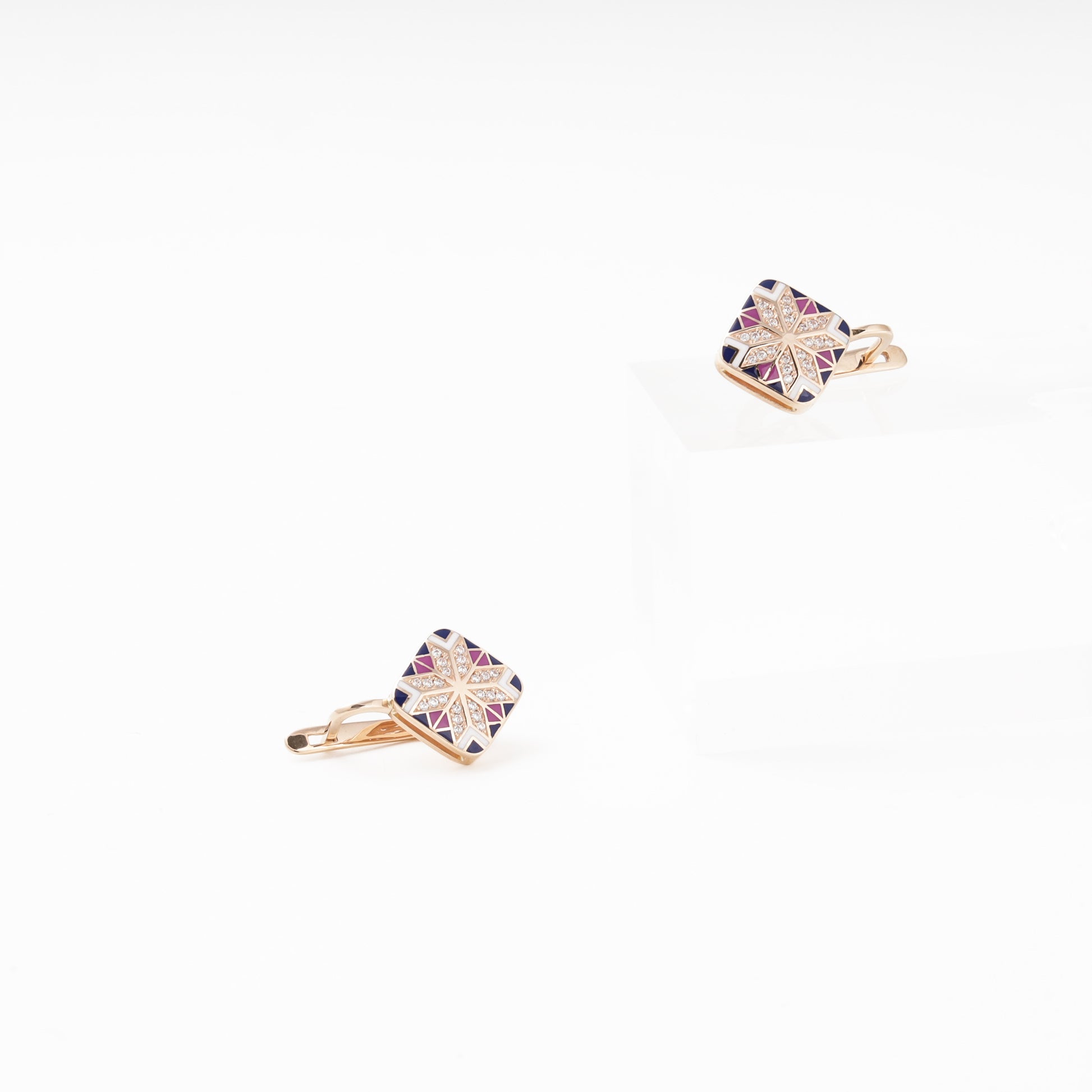 Rose Gold 585 Drop Earrings with Enamel Mosaic and CZ — detail — Kabluchka