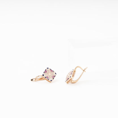 Rose Gold 585 Drop Earrings with Enamel Mosaic and CZ — side view — Kabluchka