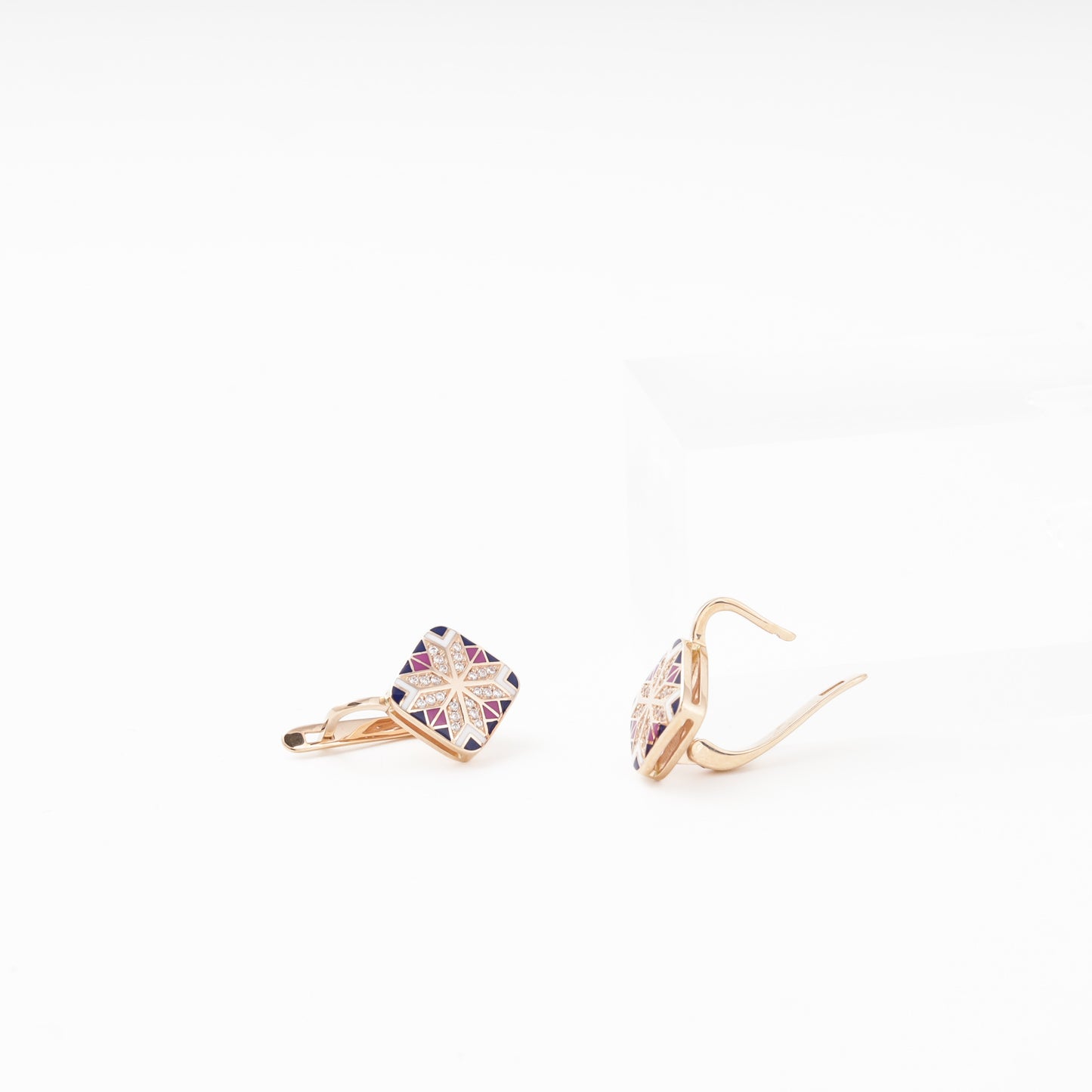 Rose Gold 585 Drop Earrings with Enamel Mosaic and CZ — English lock detail — Kabluchka