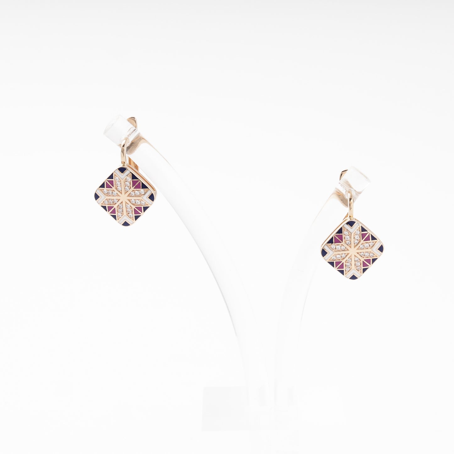 Rose Gold 585 Drop Earrings with Enamel Mosaic and CZ — on stand — Kabluchka