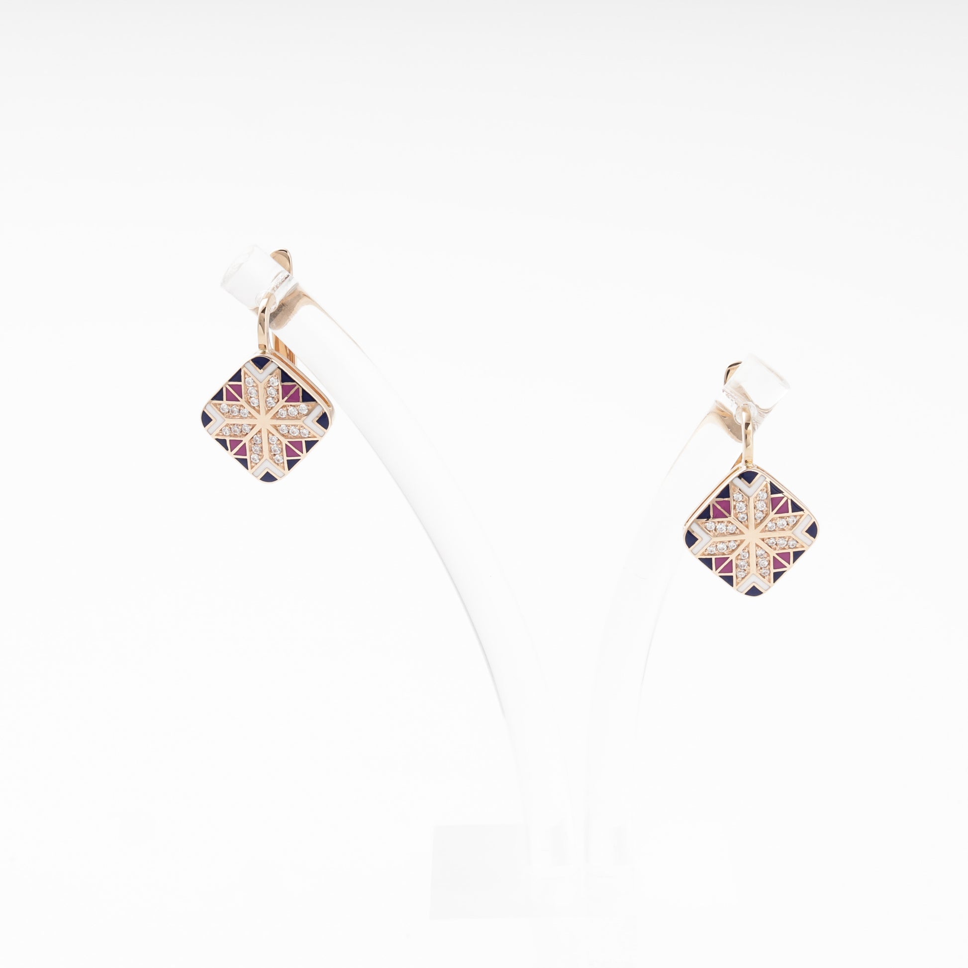 Rose Gold 585 Drop Earrings with Enamel Mosaic and CZ — on stand — Kabluchka