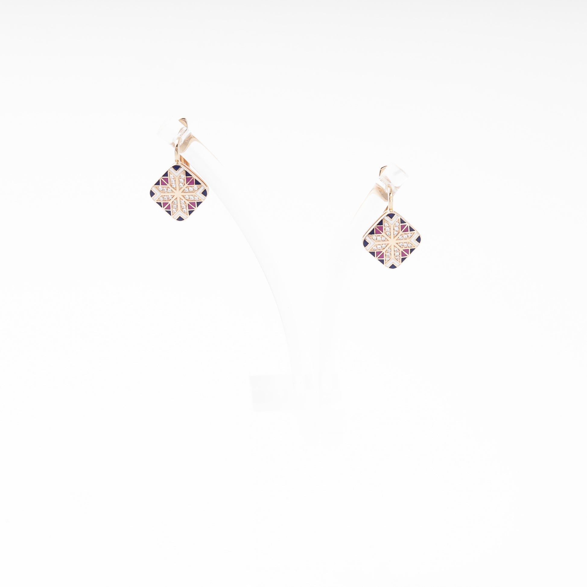 Rose Gold 585 Drop Earrings with Enamel Mosaic and CZ — front view — Kabluchka