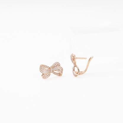 Rose Gold 585 14K Bow Earrings Fully Set with CZ — Kabluchka