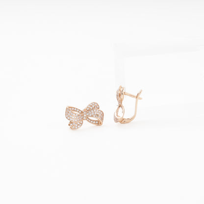 Rose Gold 585 14K Bow Earrings Fully Set with CZ — Kabluchka