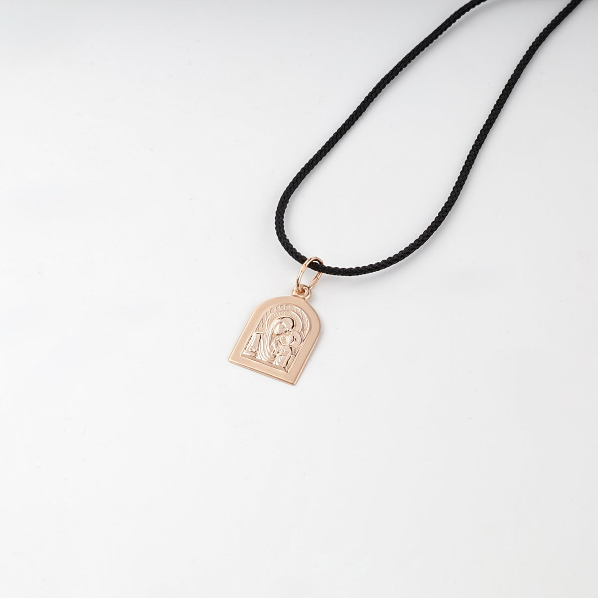 Rose Gold 14K Virgin Mary icon pendant styled on cord — Kabluchka