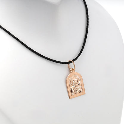 Rose Gold 14K religious icon pendant styled on black cord — close view — Kabluchka